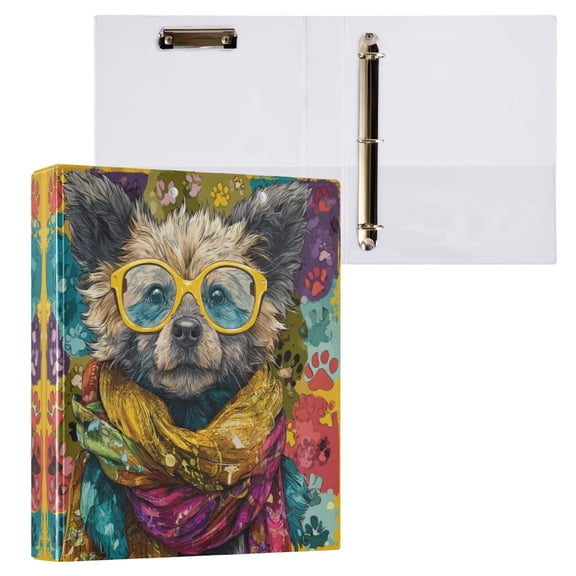 Dog Wearing Yellow Glasses 3 Ring Hardcover Binders 1.5in Round Rings for Letter-Size Folder Paper Organizer Pockets for Office Student Recipe