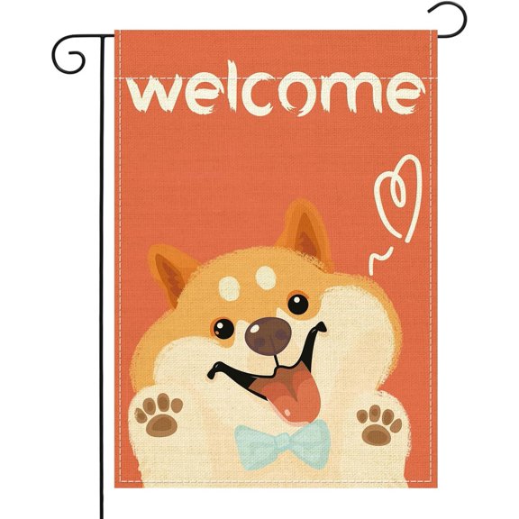 Dog Welcome Garden Flag 12 x 18 Inch Double Sided Cute Puppy Heart Design Burlap Outdoor Garden Decor