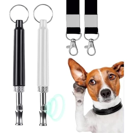 Dog Whistle, Adjustable Frequencies Professional Dog Whistle Stop Barking Training Control Tool, 2 Pack Black and White Stainless Steel Ultrasonic Recall Dog Training Whistles with Black Neck Lanyard