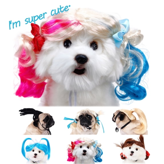 Dog Wigs Dog Wig for Small Medium Large Dogs Adjustable Elastic Band Trimmable Curly Braids Styling Cute Funny Pet Costume Headgear for Halloween Christmas Parties,D