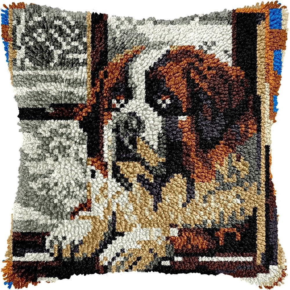 Dog on the Window Latch Hook Pillow Kits Pillow Cover Latch Hook Crafts Crochet Knitted Hooking Pillowcase Cushion Crafts Embroidery Latch Hooking Kits Material Set 17x17 inch(143)