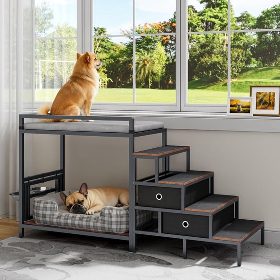 Dog Window Perch with 360 & Adjustable Raised Feeder, Pet Bunk Bed with Stair and Drawers, Elevated Platform Bed, Pet Elevated Seat with Cushion, Paw-Friendly Ladder