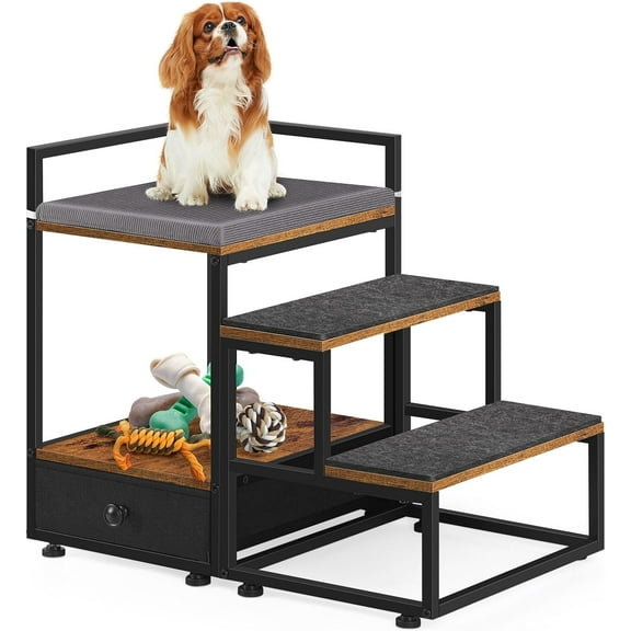 Dog Window Perch, Elevated Pet Bed with Stairs and Storage Drawer, Non-Slip Pet Stairs, Window Seat for Bed and Couch, Rustic Brown