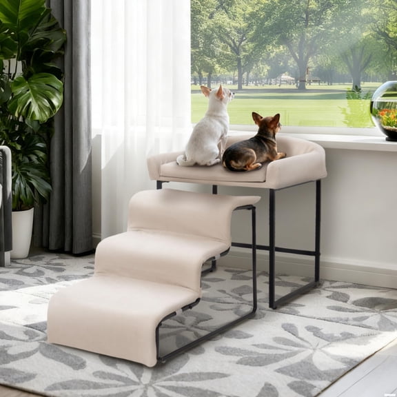 Dog Window Perch with Stairs, Pet Stairs Ramp with Seat, Dog Perch to Look Out Window with Ramp, Lounge Elevated Dogs Bed, Small Pet Step, Multi-Level Platform with Foam Upholstery