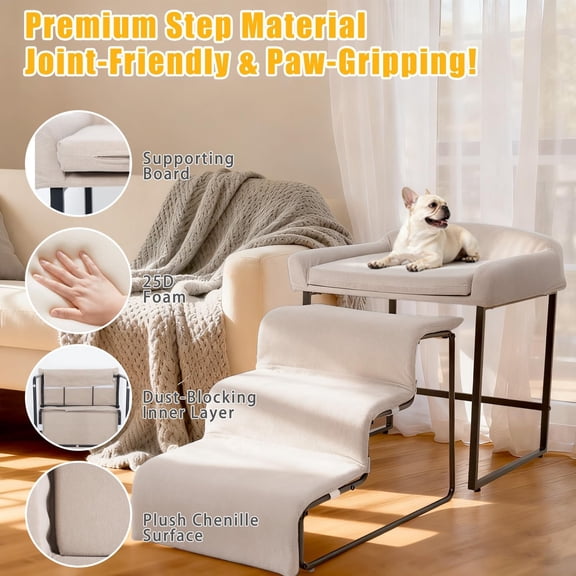 Dog Window Perch with Removable Stairs, Cat Window Seat with Cushioned Platform, Non-Slip Foam Pet Bed for Cats and Dogs, Beige