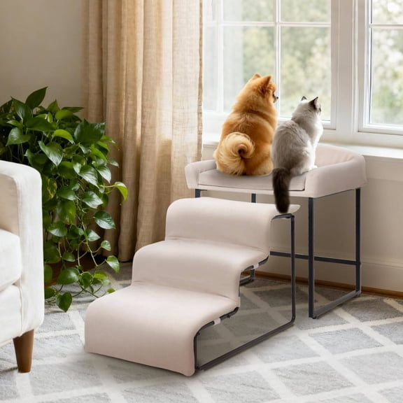 Dog Window Perch with Stairs, Elevated Pet Steps for Small Dogs, Cats & Rabbits Steel Frame, Non-Slip Treads, Removable Washable Cover