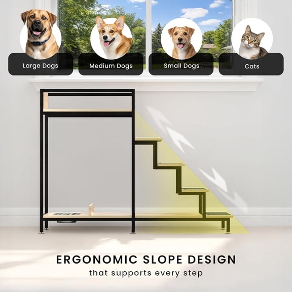 Dog Window Perch with Stairs - Multilevel Pet Bunk Bed with Feeding Station & Anti-Slip Carpet for Small to Medium Dogs