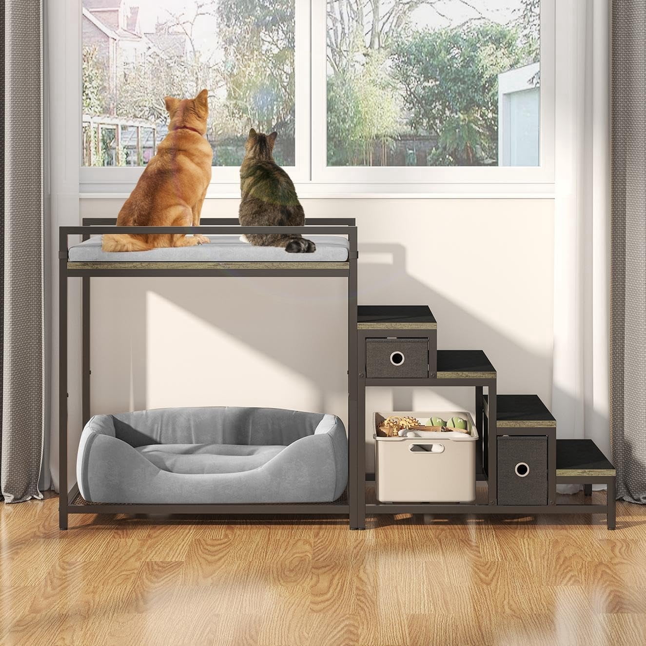 Dog Window Perch with Steps, Dog Bunk Bed Cat Windows Perch with Couch and 2 Fabric Drawer, Pet Bed and Pet Srairs Sets, Indoor Pet Furniture, Gray