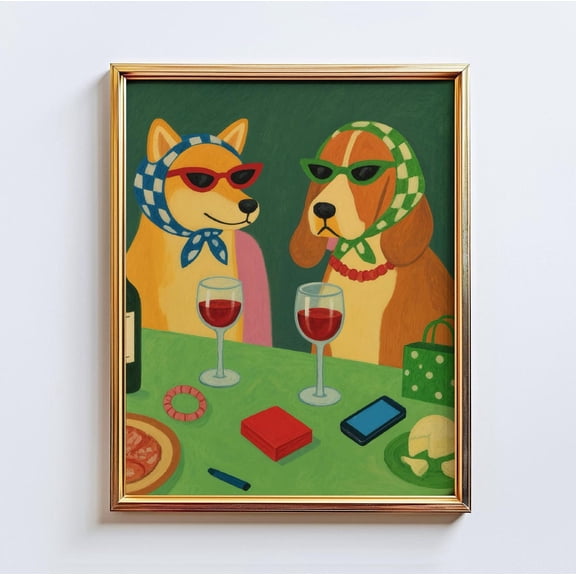 Dog Wine Club – Dog Art Print, Retro Animal Lovers Wall Art, Whimsical Wine Poster By Chicglowposters, Stretched Canvas Size 12x18