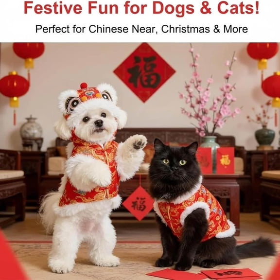 Dog Winter Clothes, Dog Jackets for Small Dogs, Faux Faux Fur Fabric, Embroidery, Buttons for Clothes, Chinese New Year decorations, insulated Lining, Red Gold, Xs, 1 Pc (174 Chars)