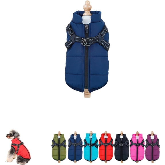 Dog Winter Coat, 3 in 1 Winter Jacket for Dogs, Furry Dog Jacket with Harness, Waterproof Windproof DogSnow Jacketwith Zipper, for Small Medium Large Dogs/Cats (Dark Blue,L)