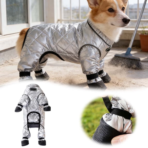 Dog Winter Coat with Attached Boots, Quilted Insulated Full Body Suit for Small Medium Dogs, Waterproof Reflective Puppy Snow Outfit for Outdoor Walking(M)
