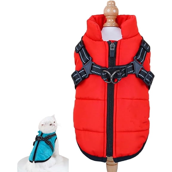 Dog Winter Coat with Harness, 3 in 1 Winter Jacket, Waterproof Windproof Dog Jacket with Zipper, Small Cat Coat with Harness, for Small Medium Large Cats (Black)