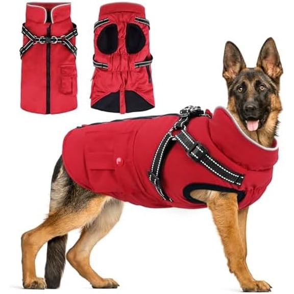 Dog Winter Coat with Harness Built-in | Waterproof Dog Jacket with Zipper & Fleece Lining | Reflective Cold Weather Coat for Small Medium Large Dogs