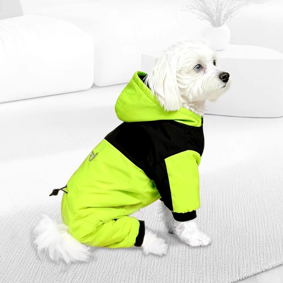 Dog Winter Hooded Jumpsuit, Warm Fleece Lined Dog Snowsuit, Waterproof Windproof Pet Coat for Small Medium Dogs, Green Black Color Block Full Body Dog Jacket with D-Ring for Harness