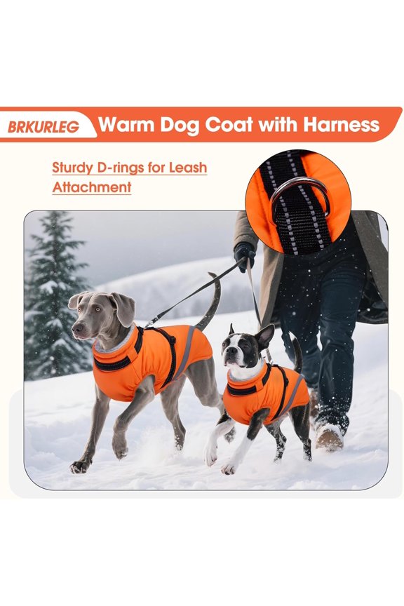Dog Winter Jackets for Large Dogs, Dog Coat with Harness Built in, Dogs Snowsuits with Zipper, Waterproof Windproof Pet Puffer Jacket Fleece Vest for Labrador, German Shepherd, Orange