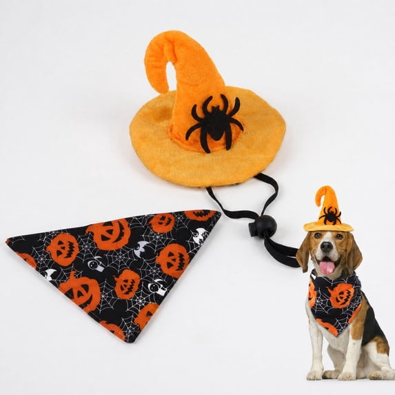 Dog Witch Hat for Halloween - Adjustable Bat Costume for Small Large Dogs & Cats | Witch Party Headband Supplies Pumpkin Photo Prop with Bandana Scarf, Black