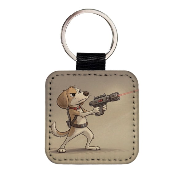 Dog With Laser Gun Sci-fi Cartoon Faux Leather Square Keychain