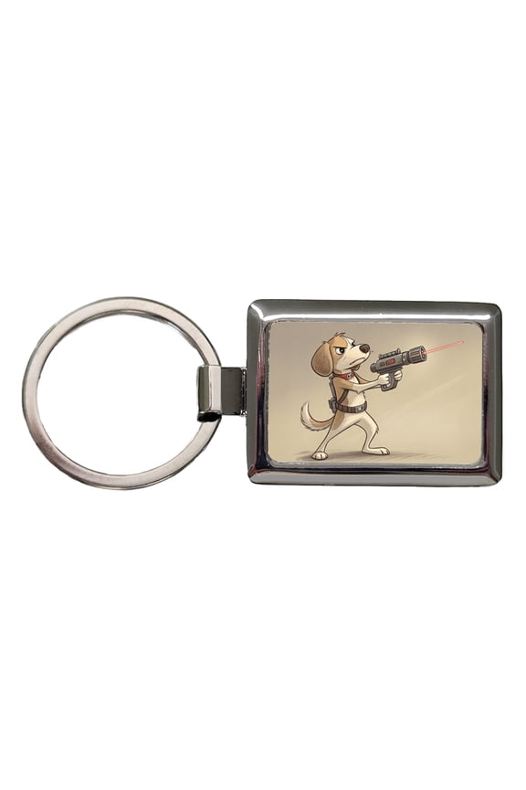 Dog With Laser Gun Sci-fi Cartoon Metal Rectangle Keychain