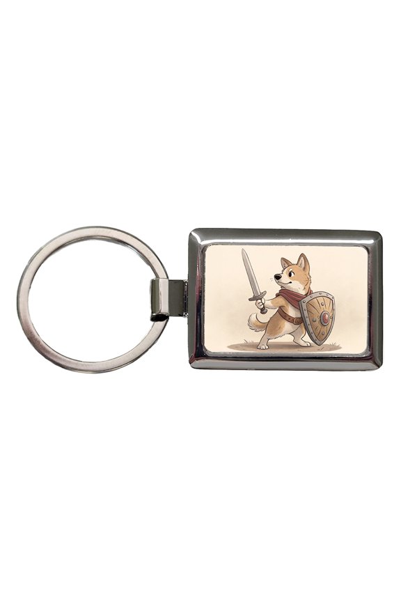 Dog With Sword And Shield Fantasy Medieval Cartoon Metal Rectangle Keychain