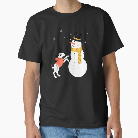 Dog Wrecking Snowman Funny Winter Holiday Scene Playful Illustration Unisex T-Shirt, up to size 5XL