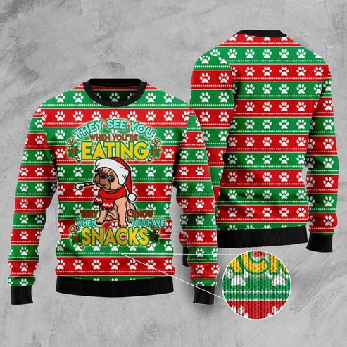 Dog Xmas Sweater, French Bulldog See You Eating Snacks 3D Christmas Sweater, Funny Xmas Sweater