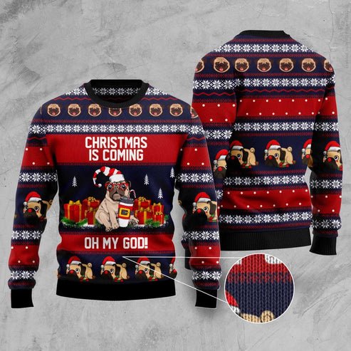 Dog Xmas Sweater, Pug Christmas Is Coming 3D Christmas Sweater, Funny Xmas Sweater