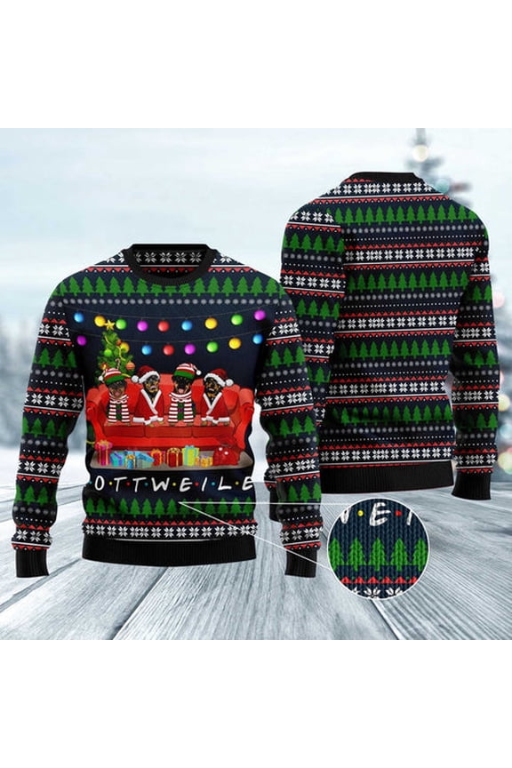 Dog Xmas Sweater, Rottweiler Friends On Red Sofa 3D Christmas Sweater, Funny Xmas Sweater