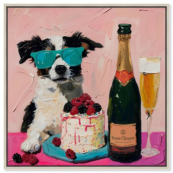 Dog and Berry Cake Canvas Trendy Kitchen Art by Art Remedy, Silver Frame, 30" x 30"
