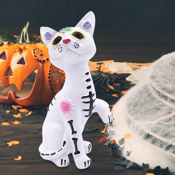 Dog and Cat Figurine, Halloween Statue Skulls Animal Statue Resin Crafts Skeleton Sculpture for Halloween Home Desk Decorations