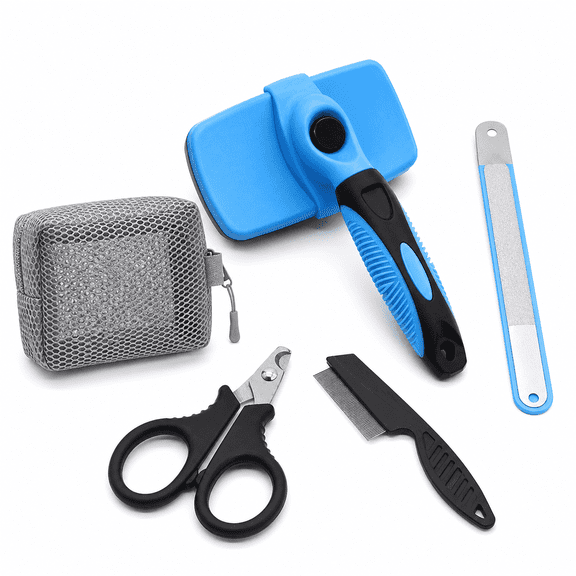 5 Piece Pet Grooming Kit for Dogs and Cats with Self Cleaning Slicker Brush, Nail Clipper, Nail File, Comb and Storage Bag