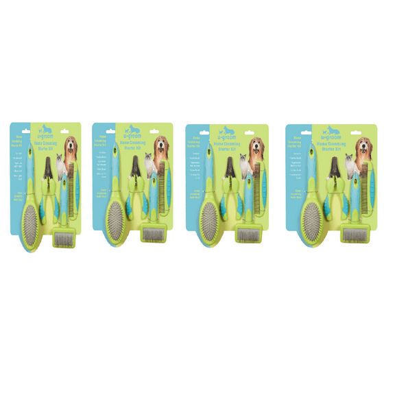 Dog and Cat Home Grooming Kit Slicker Rotating Pin Brush Comb Nail Trimmer 4 pc (4 Kits)