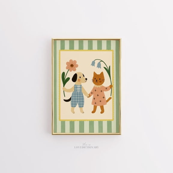 Dog and Cat Nursery Cute Animal Baby Room Poster, Unframed Paper Print Size 8x12