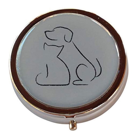 Dog and Cat Silhouette Round Compact Three Section Pocket/Purse/Travel Pill Box Case