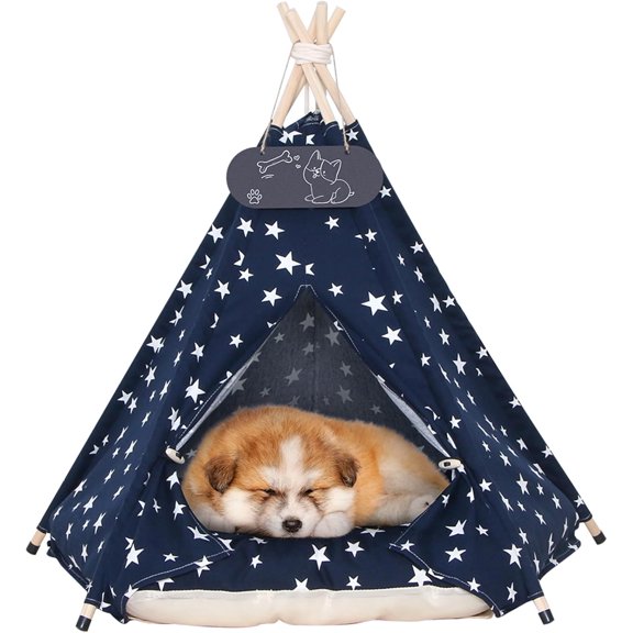 Dog and Cat Teepee Tent with Thick Cushion, Removable Washable Fabric, Navy Star Pattern, 16x16x20 Inch