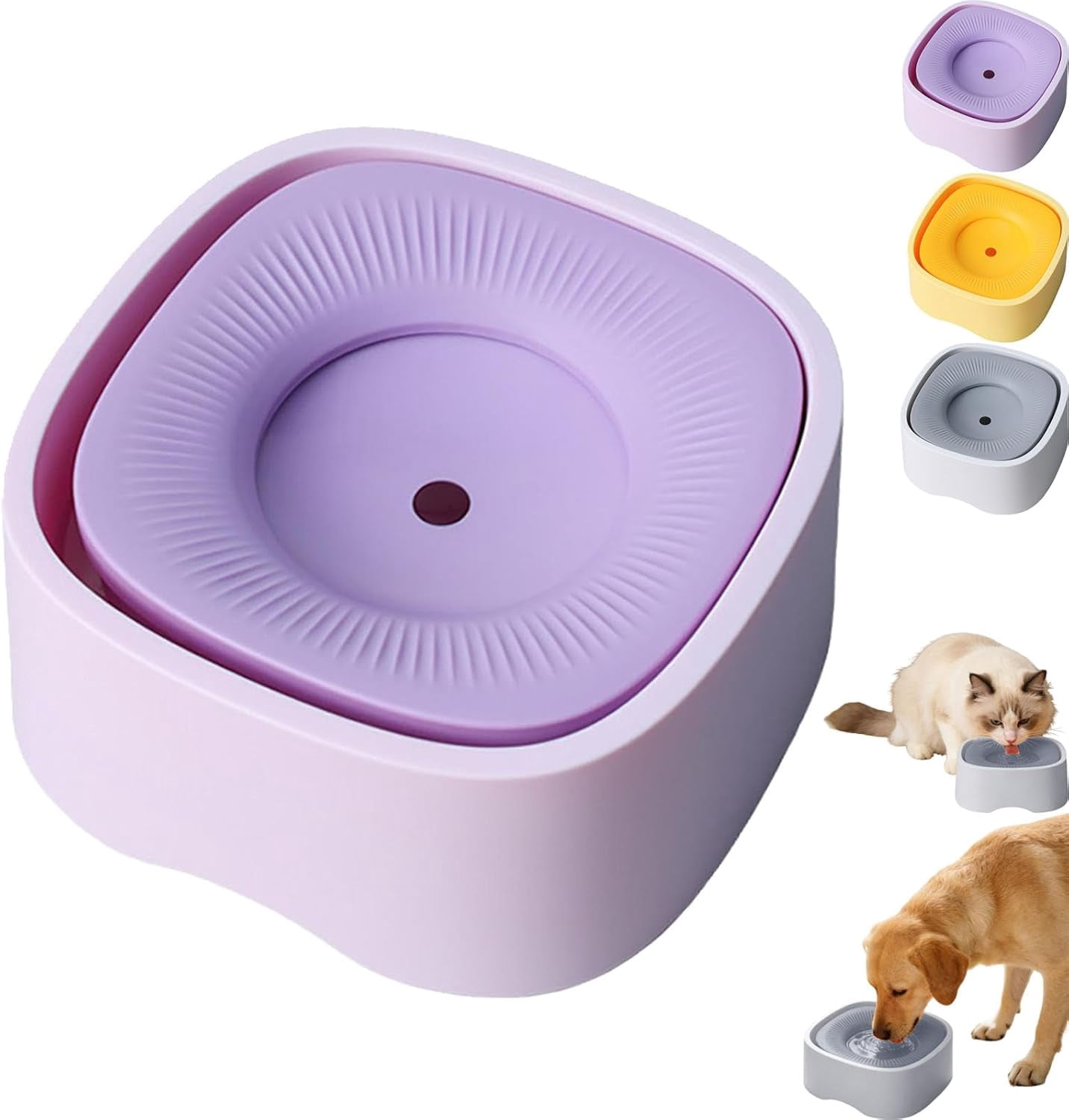 Dog and Cat Water Bowl, Slow-Feed Design with Raised Center and Base Pad