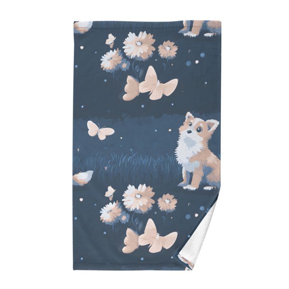 Dog and Flowers Bath Towel 100% Cotton Soft Thick High Absorbency Hand Face Towel Single Pack 16x28in