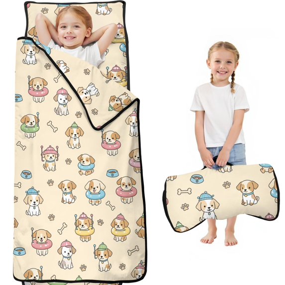 Dog and Pool Float Beige Pattern Teens Toddler Nap Mat with Pillow, Sleeping Mat Bag for Preschool Daycare 59"x22"