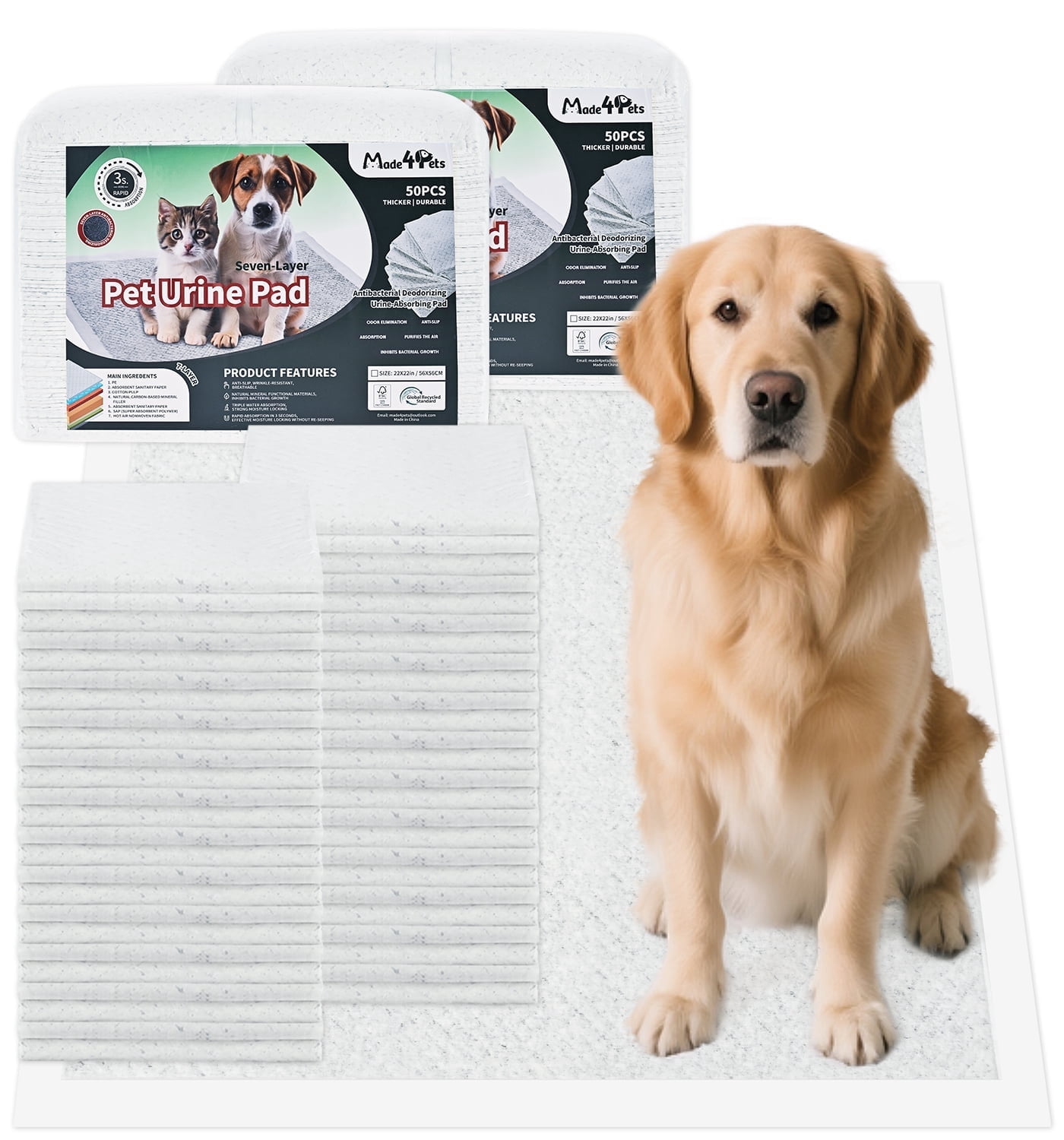 Made4Pets Dog and Puppy Pee Pads with Leak-Proof Quick-Dry Design for Potty Training，Pack of 100