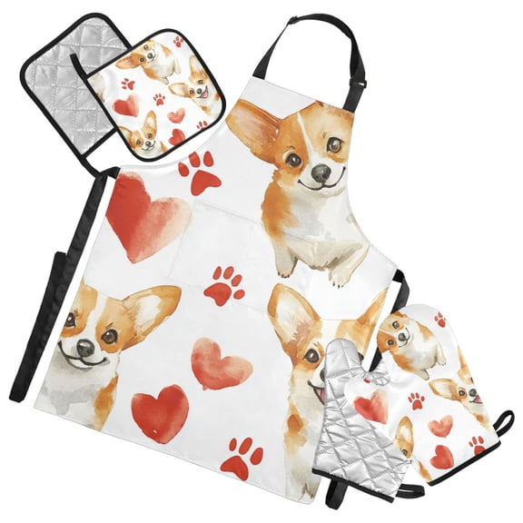 Dog and Red Love Oven Mitts and Pot Holders with Chef Apron Set 5 Pcs Kitchen Cooking Set