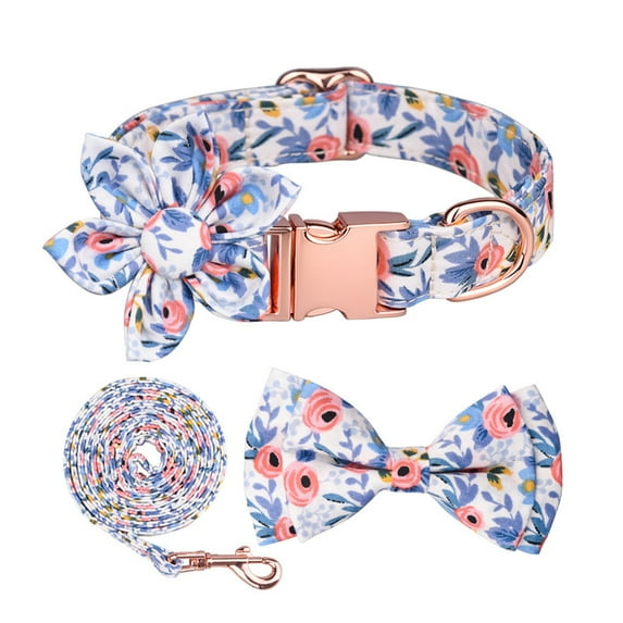 Dog collar and Leash Set with flower bow Girl dog collar Dog tag metal strap buckle adjustable to suit small, medium and large dogs