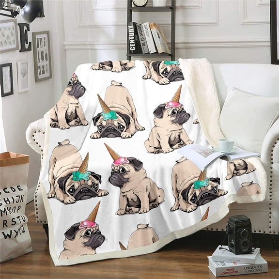 Dog flannel Throw Blanket Pug Dog Sherpa Blanket for Kids Boys Girls Cute Animal Plush Fuzzy Blanket for Sofa Bed Couch 60" x 80"