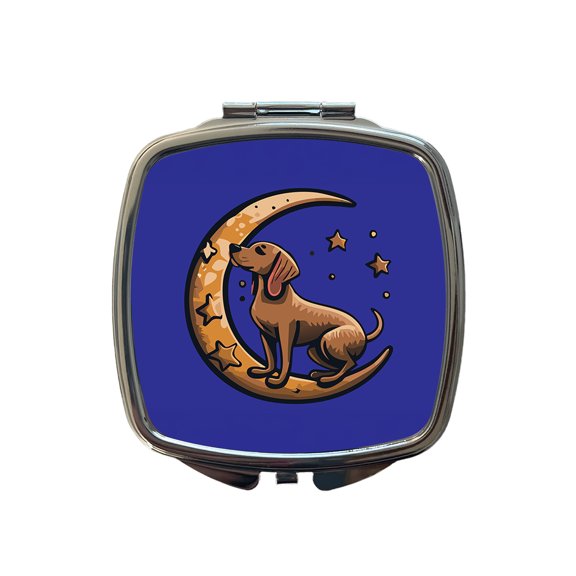 Dog on Crescent Moon Stars Cute Travel Makeup Handbag Purse Small Pocket Compact Mirror