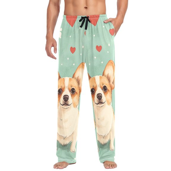 Dog on Green Background Mens Cotton Pajama Pant Sleep and Lounge Bottons with Pockets