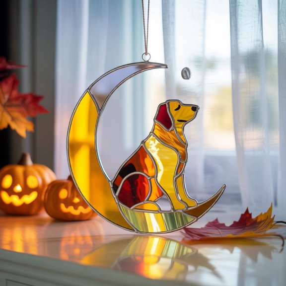 Dog on Moon Acrylic Suncatcher, Golden Dog Window Hanging Ornament, Crescent Moon Pet Lover Decor, Dog Memorial Sun Catcher, Dog Loss Gift