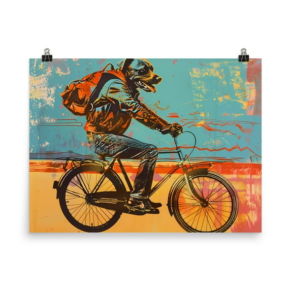 Dog on a Bike Poster Print Funny Cute Wall Art Home Decor Pet Maximalist Design (18″×24″)