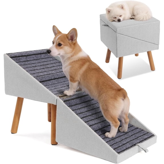 Dog ramp for Small Dogs, 2-in-1 Pet Steps - Foldable Dog ramp for Couch, Non-Slip Wooden Pet ramp for Puppy Senior Injured Dogs (Light Grey, XL(17.13H))