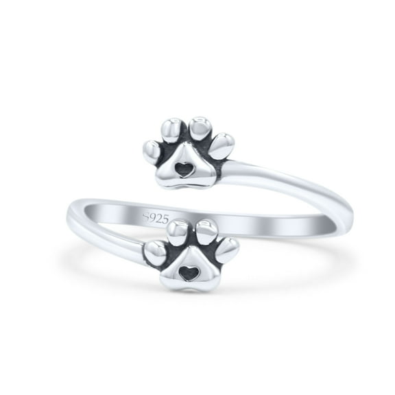 Dog's Paws With Hearts Pawprint Adjustable Oxidized Ring Band 925 Sterling Silver Size 4