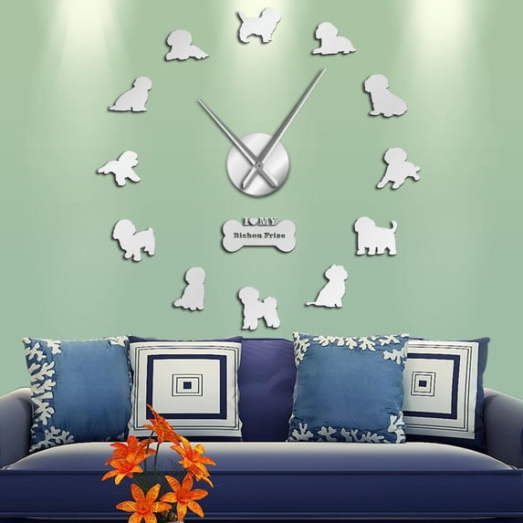 Dog theme Large 3D Mirror Effect Wall Clock Silent Non Ticking Movement Clock(Silver,27inch)