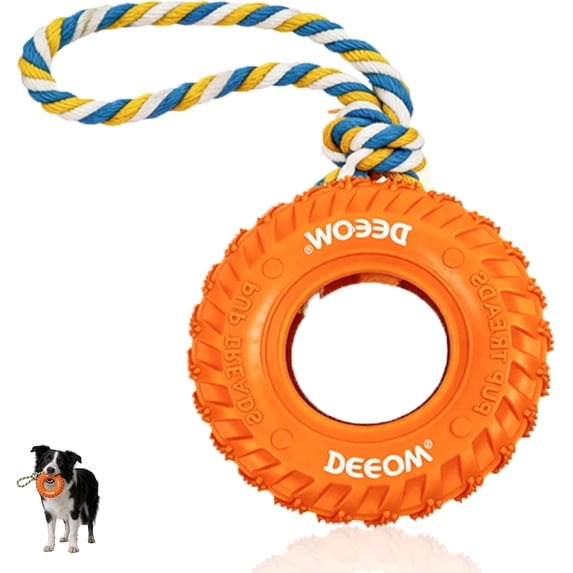 Dog tire toy, chew toy for teeth cleaning and dental care, natural rubber dog toy, for fetch games, tug-of-war interactive slow feeder enriching pet toy - orange
